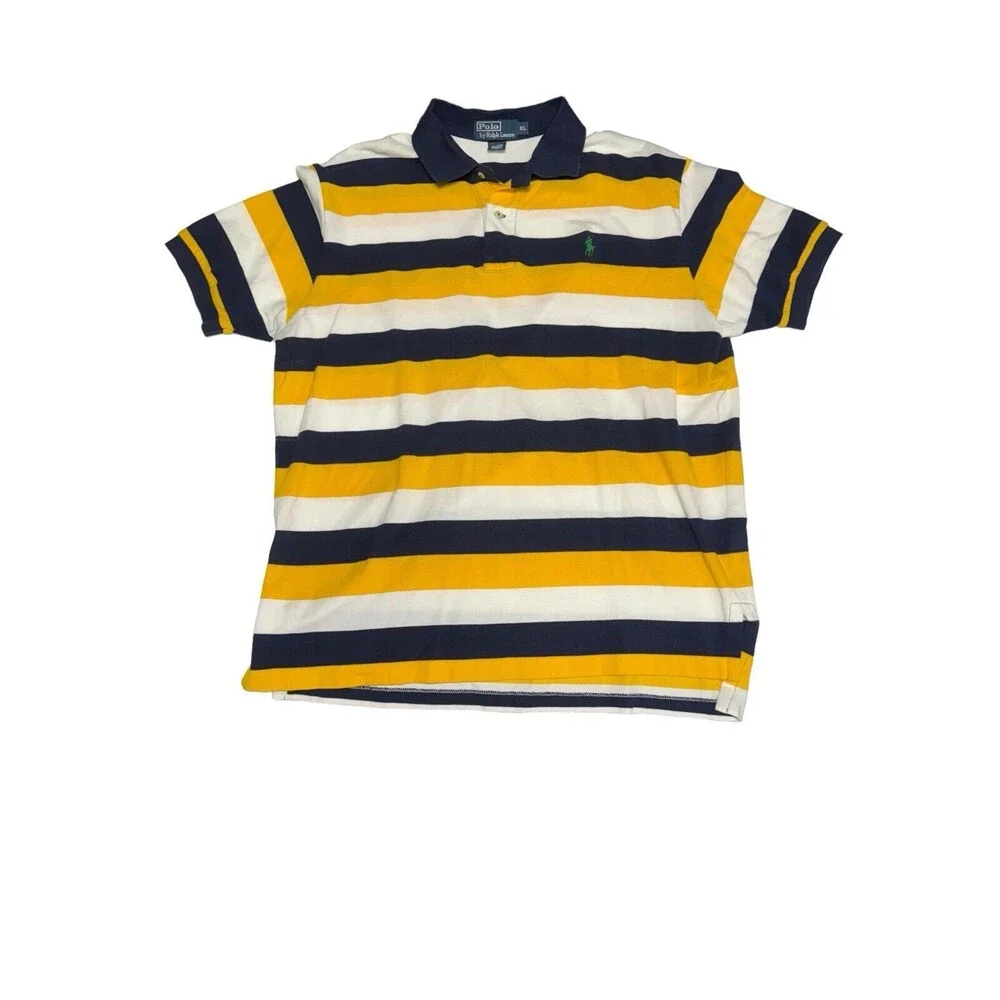 RALPH LAUREN Short Sleeve Polo Shirt‎ Mens Size XL Yellow White Navy Blue